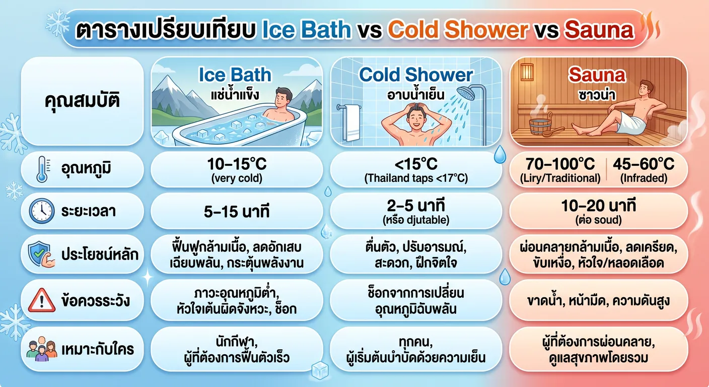 ตารางเปรียบเทียบ Ice Bath vs Cold Shower vs Sauna